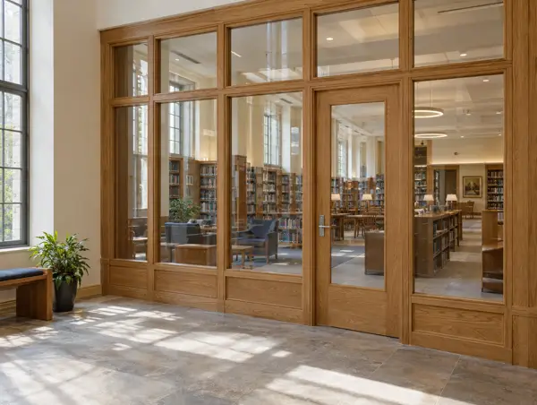Oak-framed glazed screen and glazed door in a library foyer