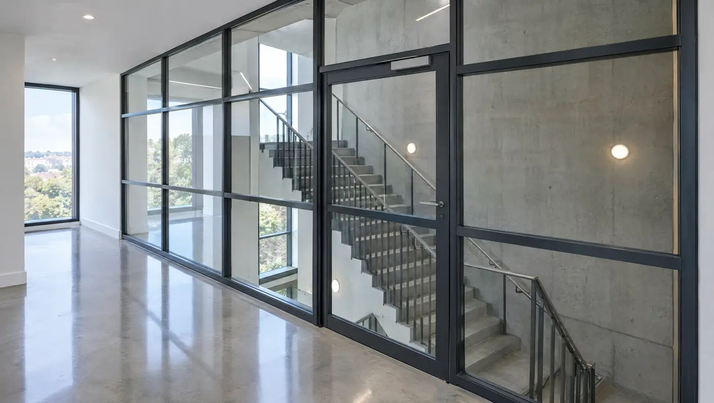 Tall glazed screen with slim charcoal steel frames and a glazed door between an office corridor and a concrete stairwell