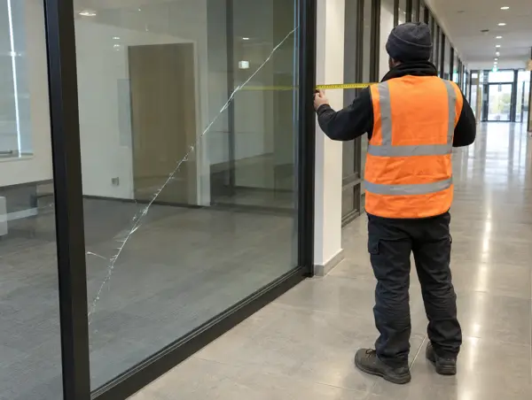 Cracked glass pane in a glazed screen while a glazier measures the frame