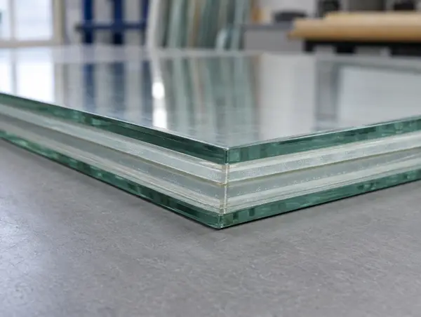 Edge of a multi-layer laminated glass pane showing its interlayers