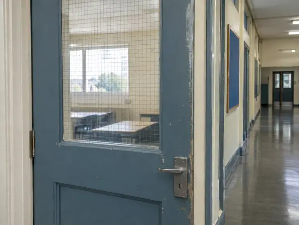 Old school corridor door with a wired glass panel