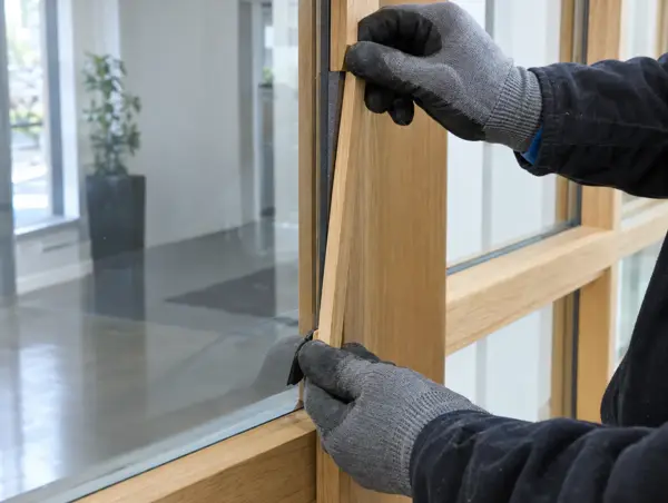 Gloved hands fitting a timber glazing bead along a glass pane in a screen frame